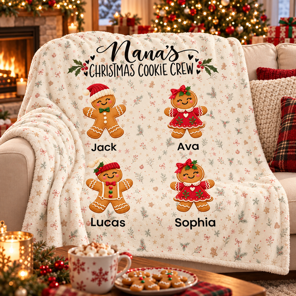 Nana's Christmas Cookie Crew blanket draped on a couch on Christmas morning