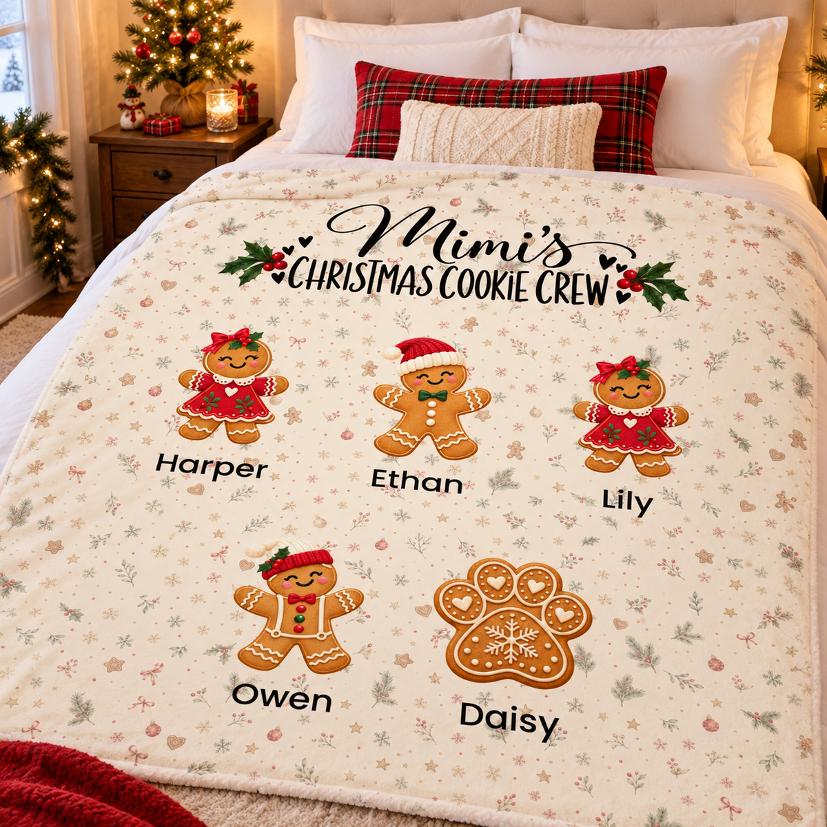 Mimi's Christmas Cookie Crew blanket spread on a bed
