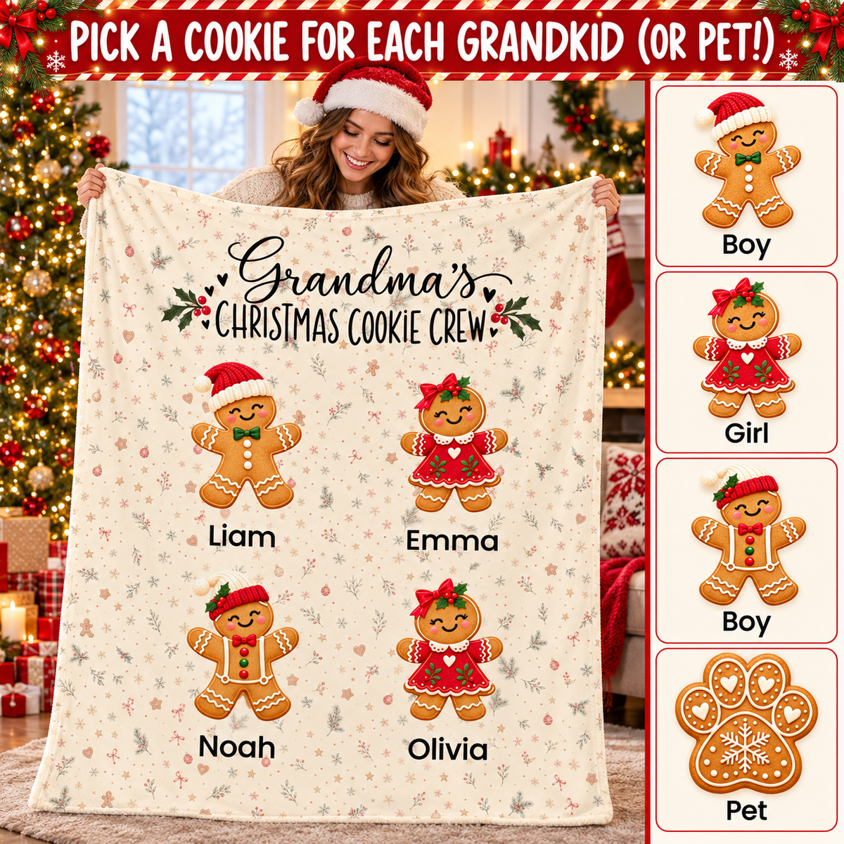 Gingerbread cookie choices: boy, girl, boy, pet paw