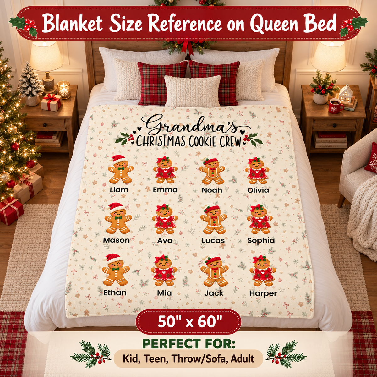 50 x 60 inch blanket size reference on a queen bed