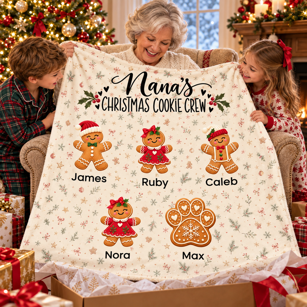 Nana unwrapping her Christmas Cookie Crew blanket with her grandkids