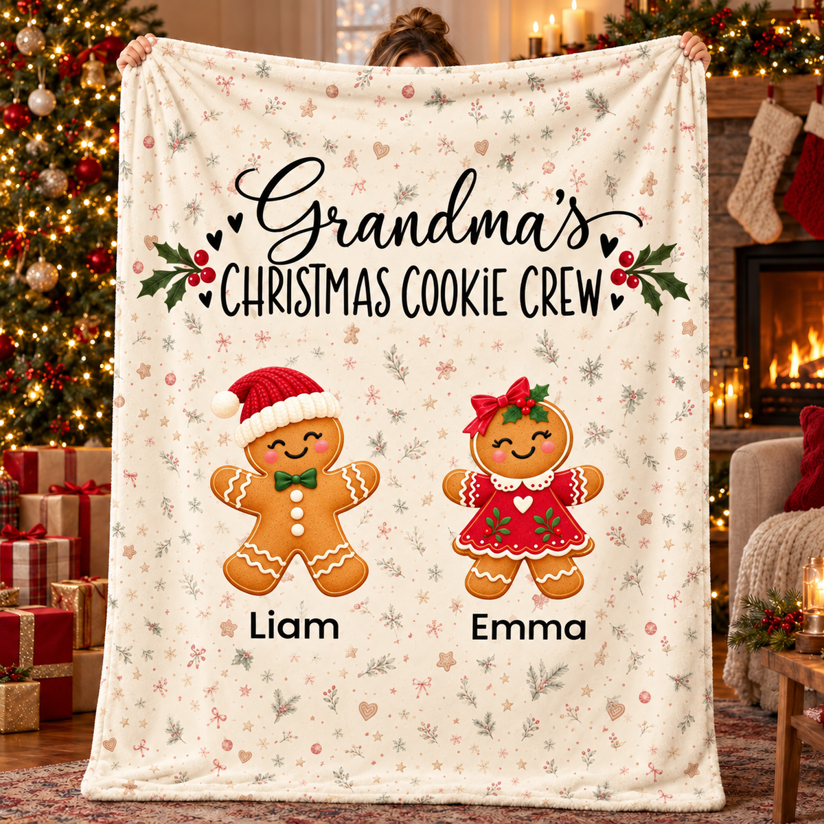 Grandma's Christmas Cookie Crew personalized blanket with 2 grandkids' names, held up in a Christmas living room