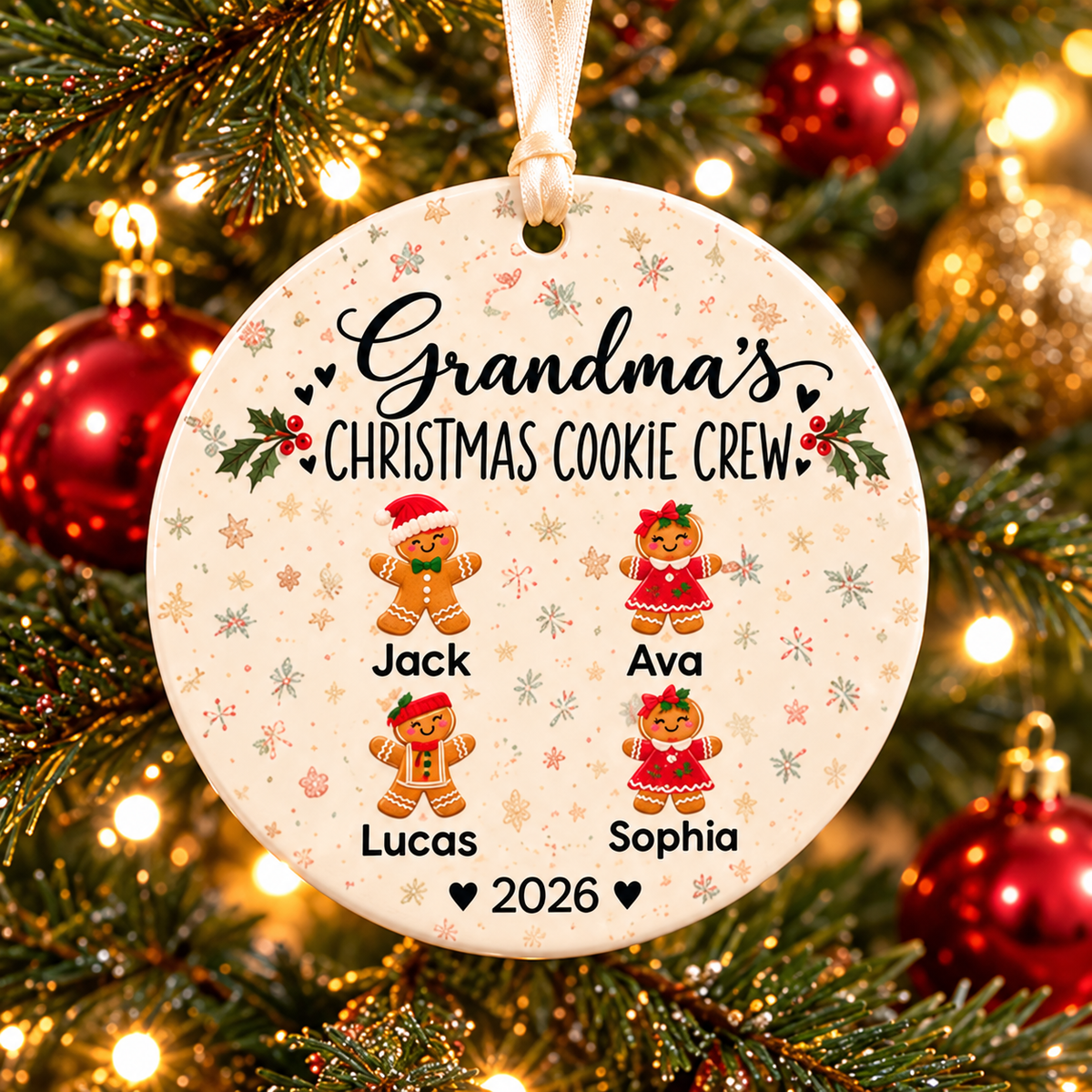 Grandma's Christmas Cookie Crew personalized ceramic ornament with 4 grandkids' names hanging on a Christmas tree