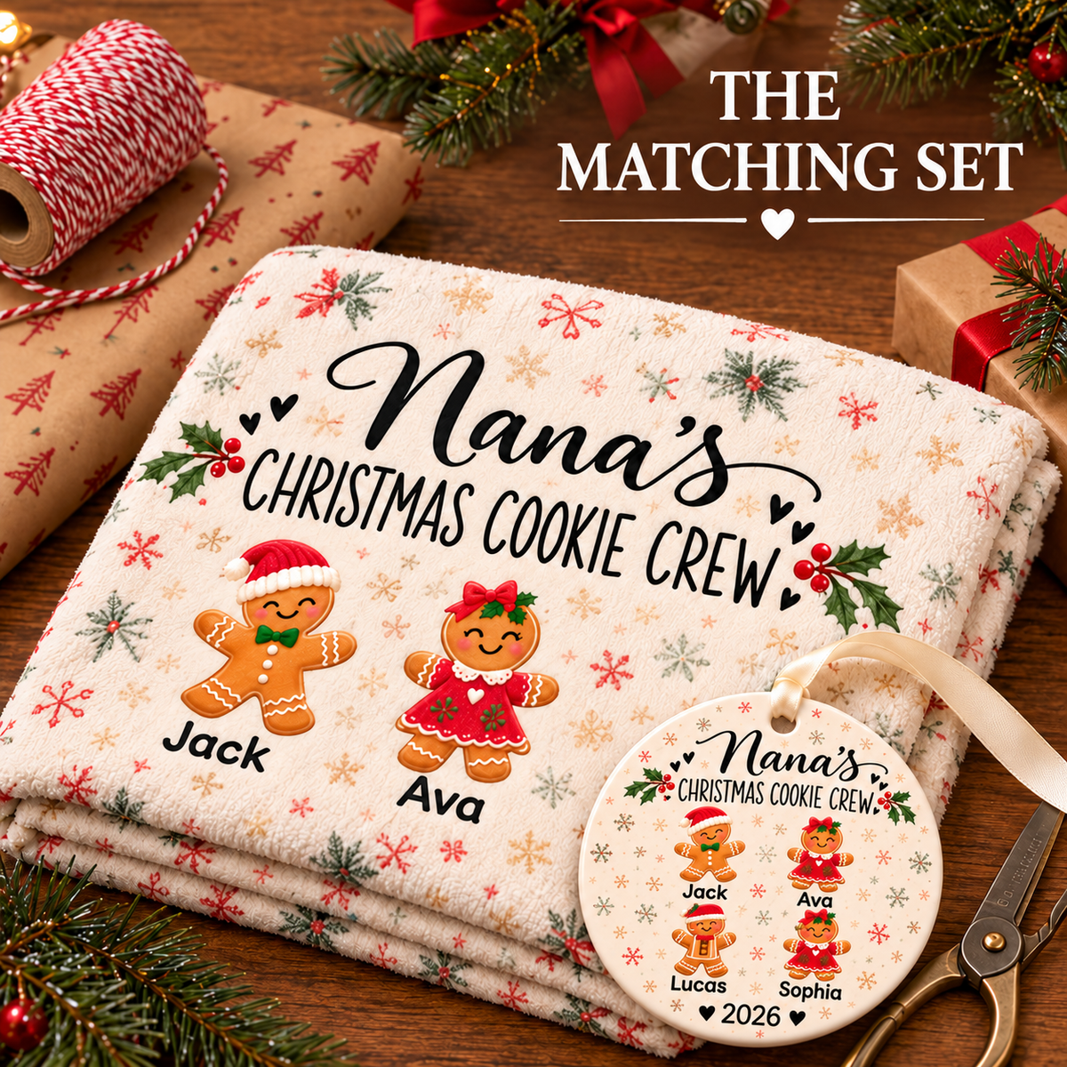 The matching set: Christmas Cookie Crew blanket and ornament