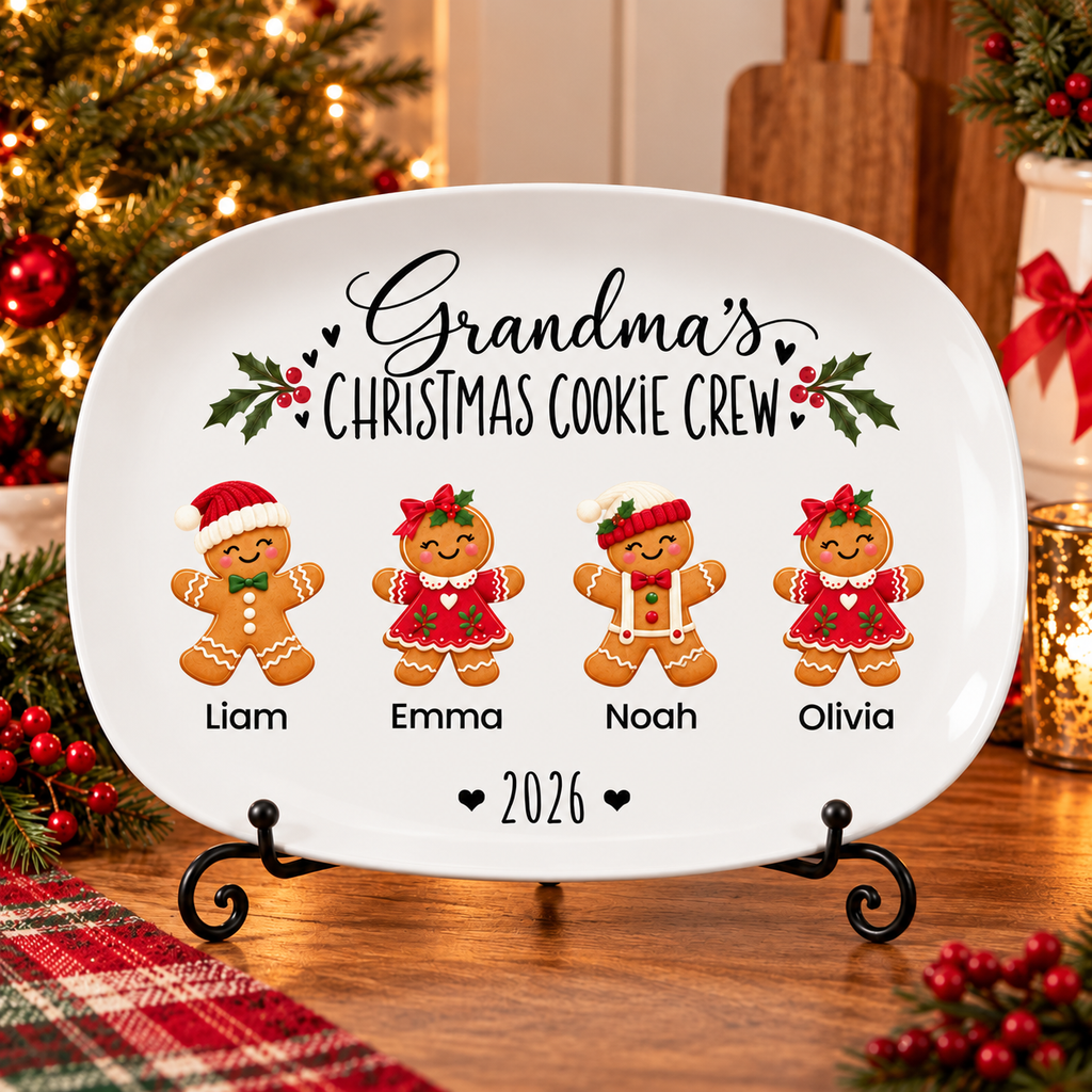 Grandma's Christmas Cookie Crew personalized platter on a black metal display stand in a Christmas kitchen