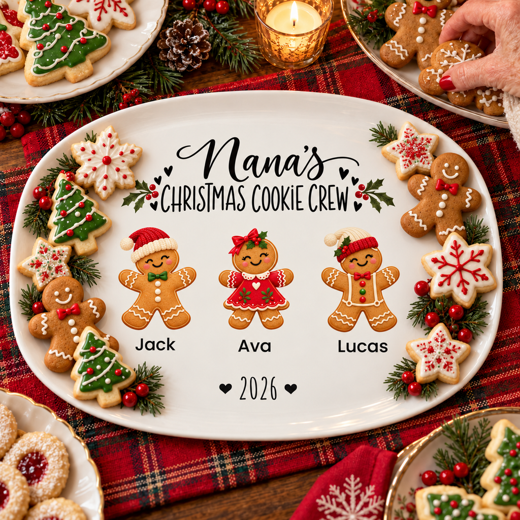 Nana's Christmas Cookie Crew personalized platter serving decorated Christmas cookies on a holiday table