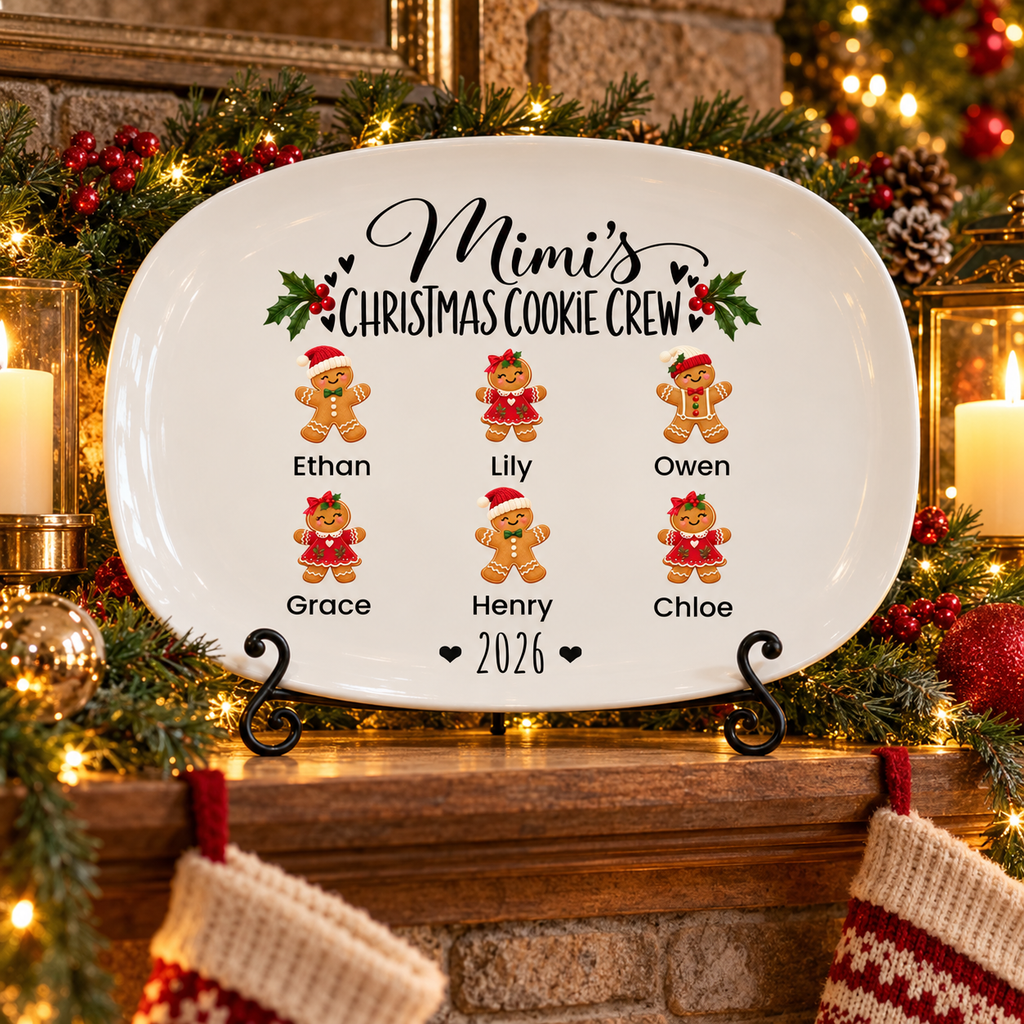 Mimi's Christmas Cookie Crew platter with 6 grandkids' names displayed on a black metal stand on the mantel