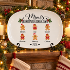 Mimi's Christmas Cookie Crew platter with 6 grandkids' names displayed on a black metal stand on the mantel