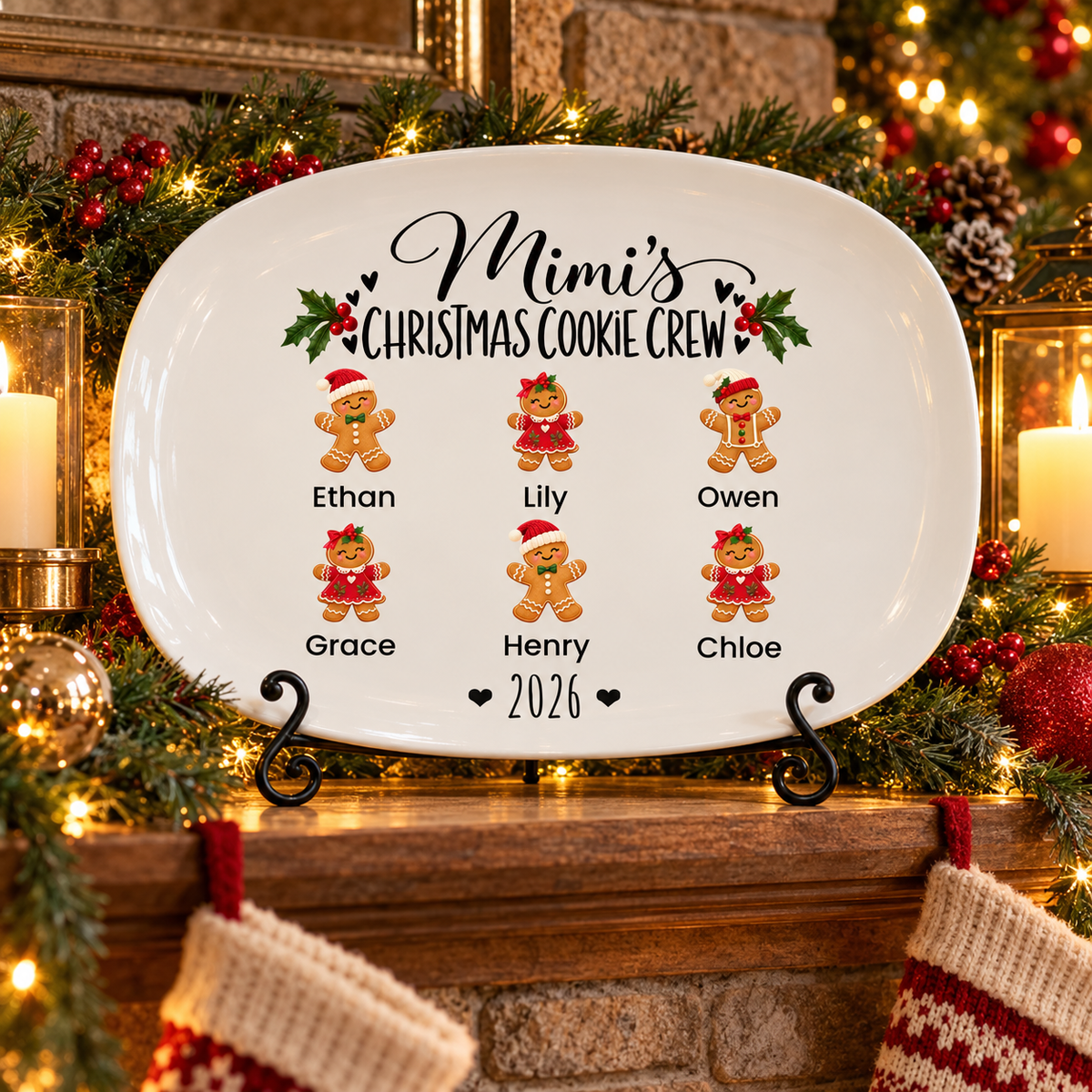 Mimi's Christmas Cookie Crew platter with 6 grandkids' names displayed on a black metal stand on the mantel