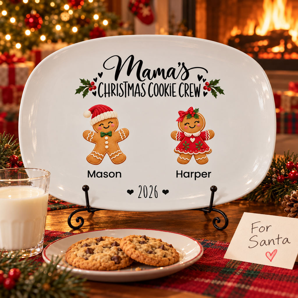 Mama's Christmas Cookie Crew platter on its stand with milk and cookies for Santa