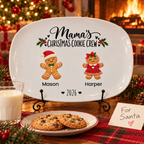 Mama's Christmas Cookie Crew platter on its stand with milk and cookies for Santa