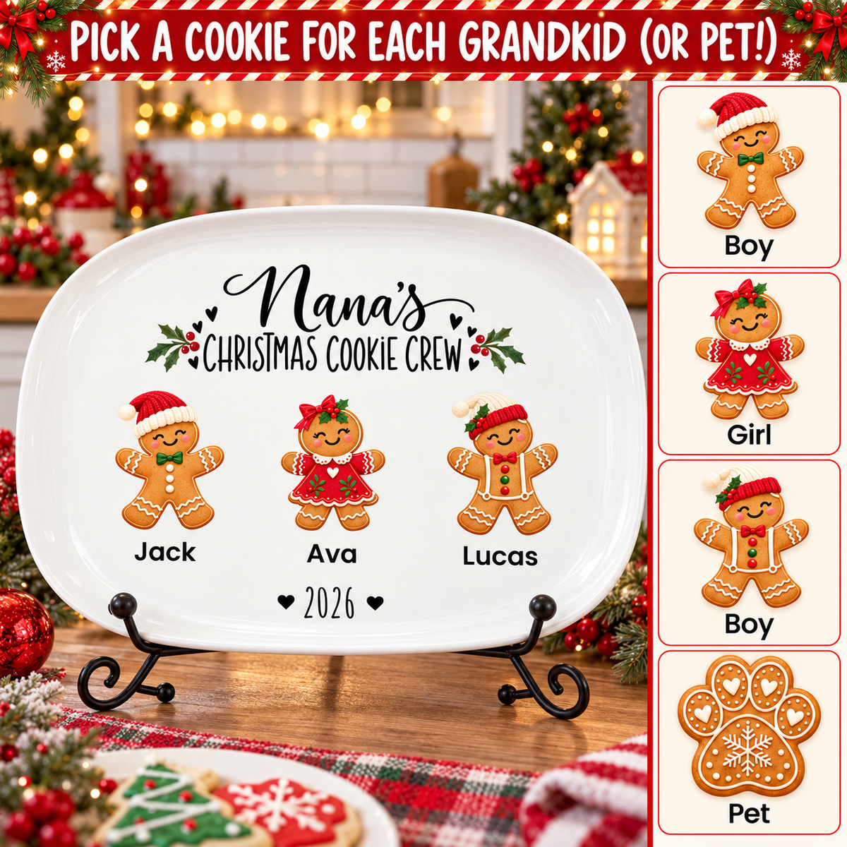Pick a gingerbread cookie for each grandkid or pet: boy, girl, boy with beanie, or paw