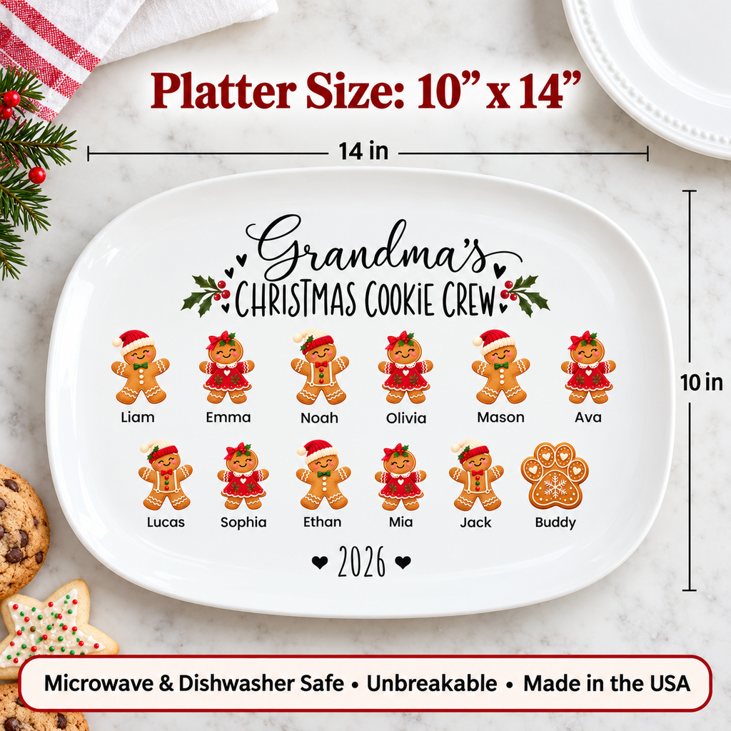 Platter size 10 x 14 inches with 12 grandkids' names, microwave and dishwasher safe, unbreakable, made in the USA