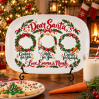 Dear Santa personalized platter on a black metal stand by the fireplace with cookies, milk and a carrot