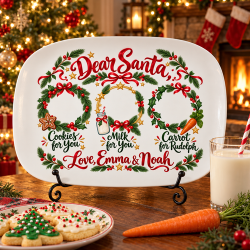 Dear Santa personalized platter on a black metal stand by the fireplace with cookies, milk and a carrot