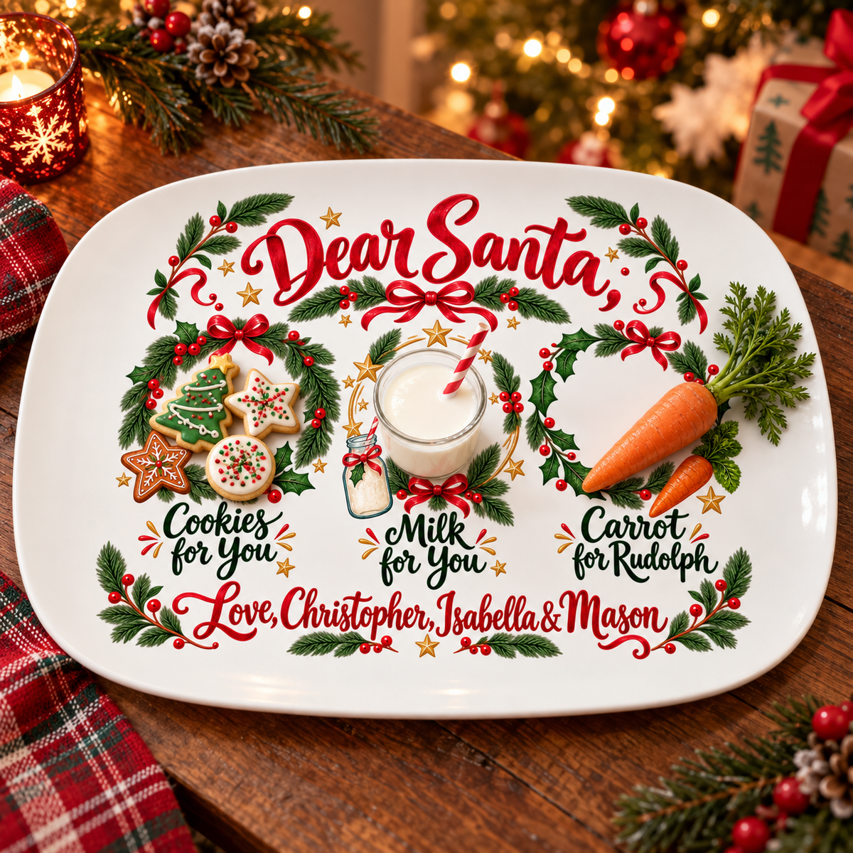 Cookies, milk and a carrot for Rudolph in the three wreaths of a personalized Dear Santa platter