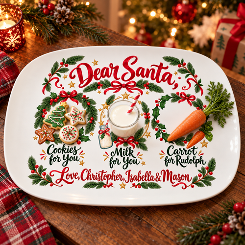 Cookies, milk and a carrot for Rudolph in the three wreaths of a personalized Dear Santa platter