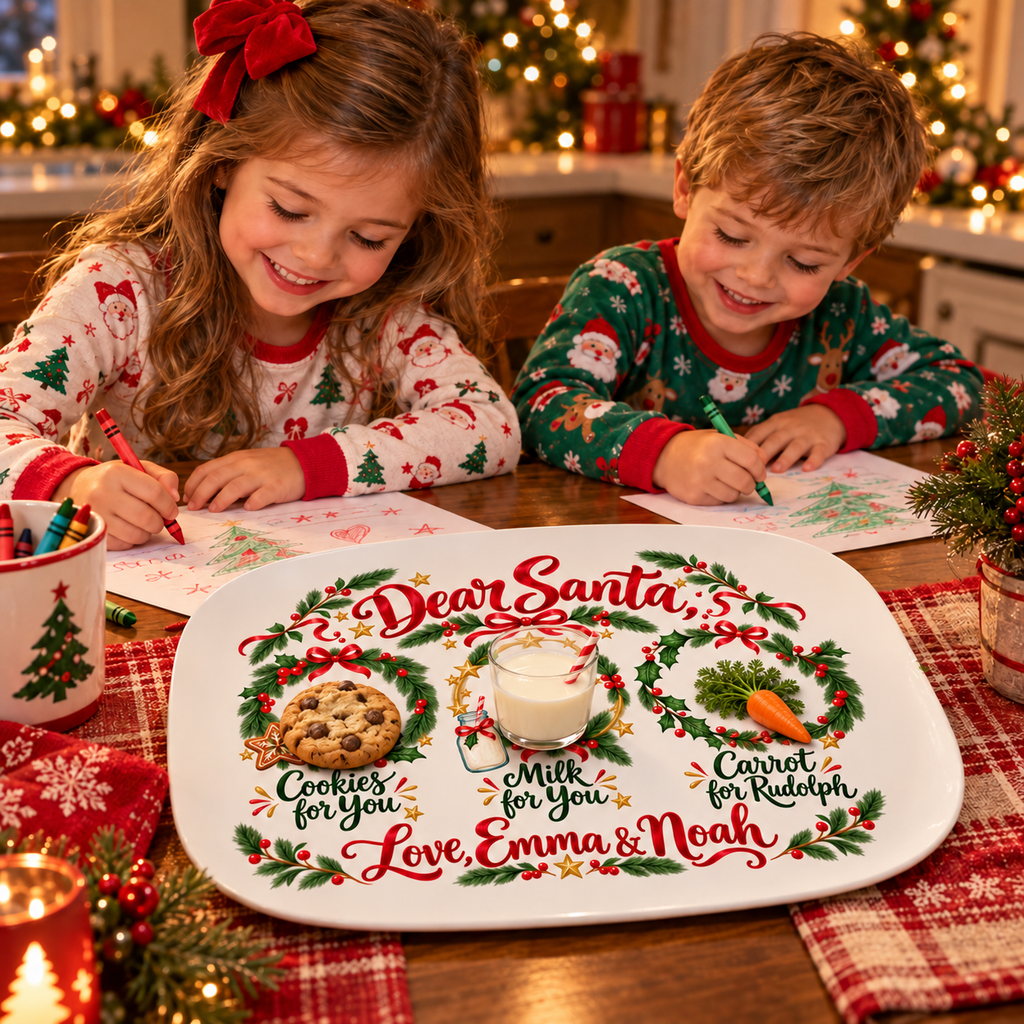 Two kids in Christmas pajamas writing letters to Santa next to their Dear Santa platter
