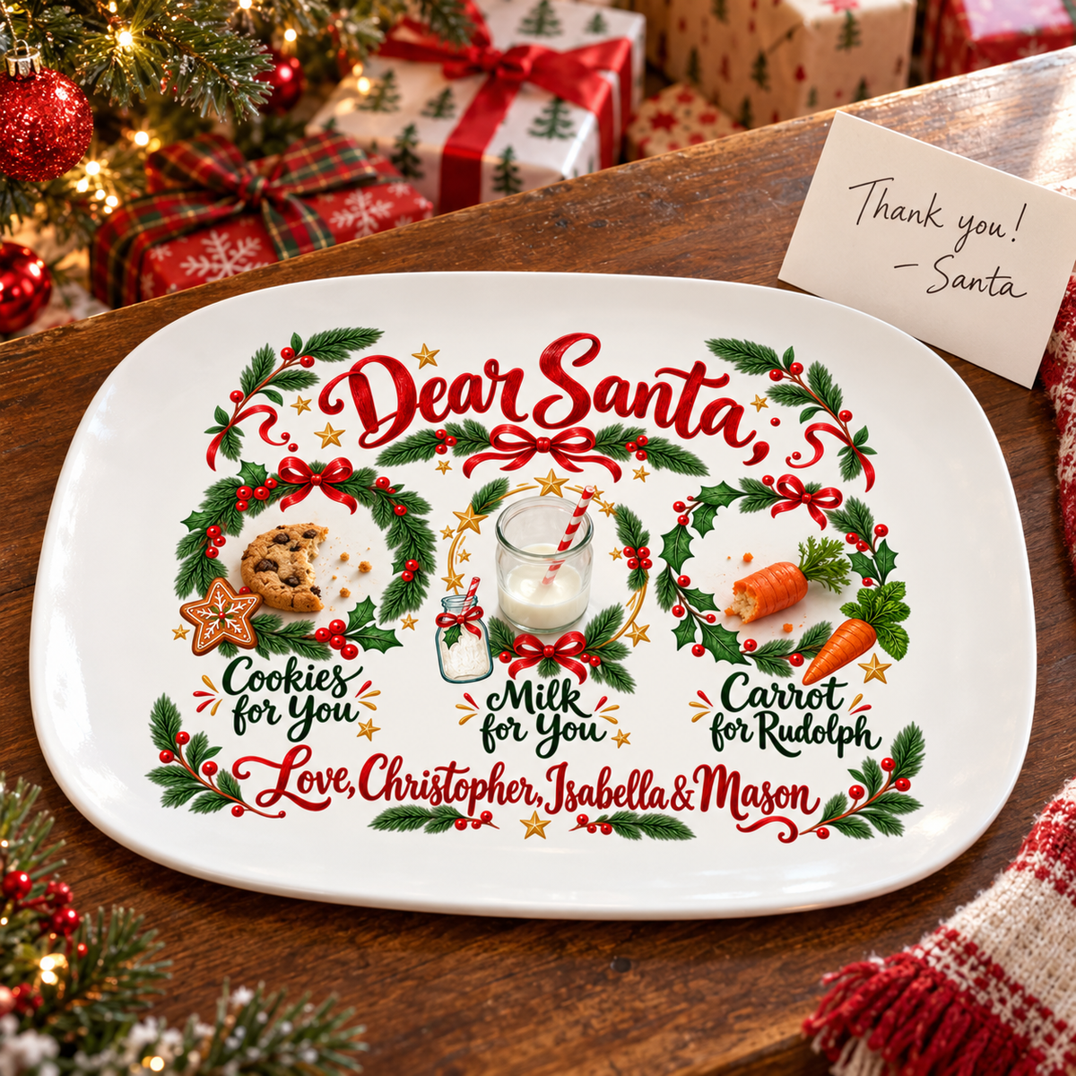 Christmas morning: bitten cookie, empty milk and chewed carrot on the Dear Santa platter with a thank-you note from Santa
