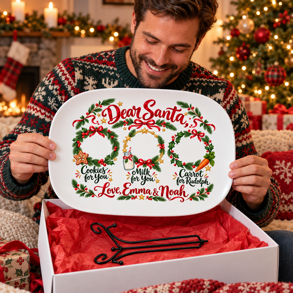 Dad unboxing a personalized Dear Santa platter with display stand in a gift box