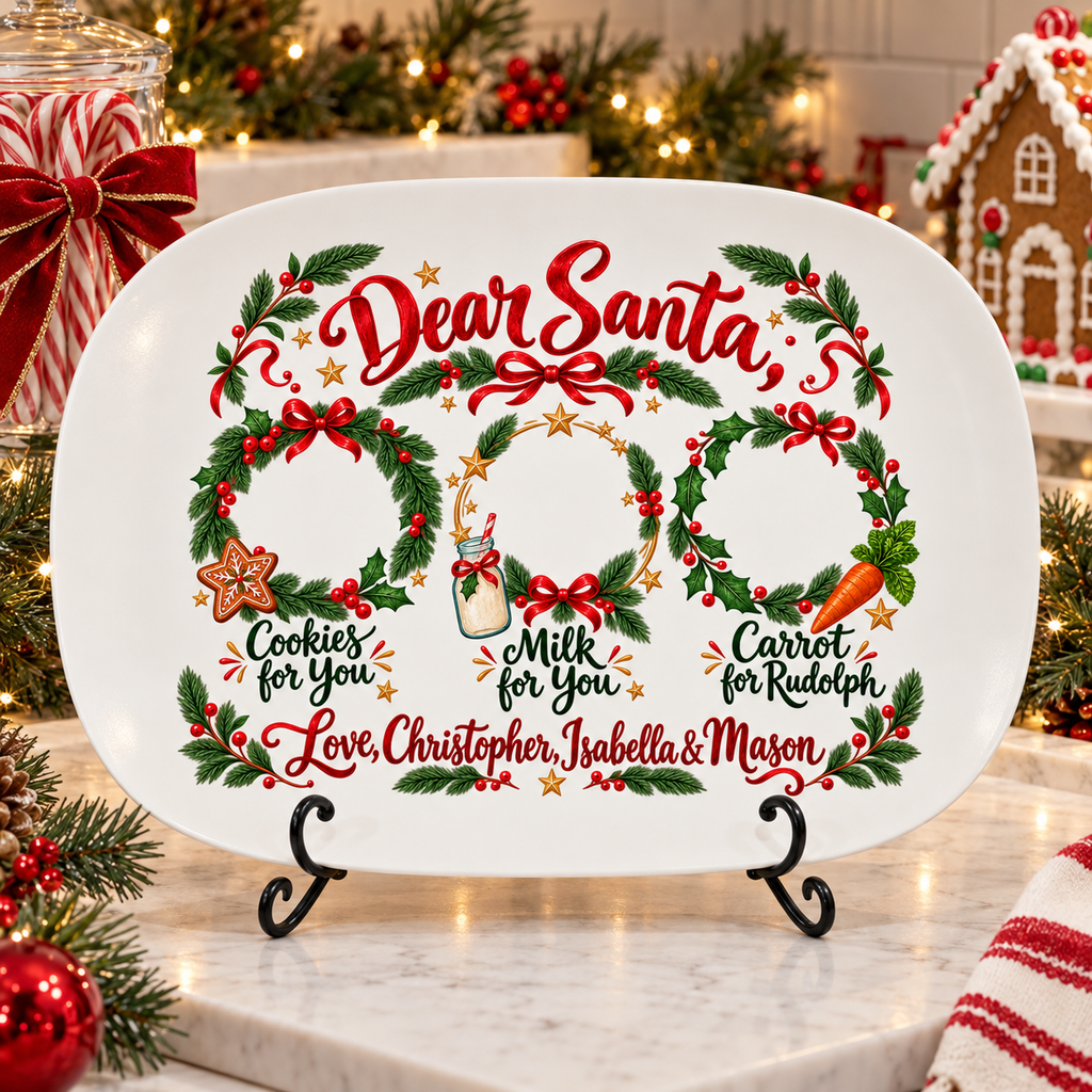 Dear Santa platter displayed on a stand on a Christmas kitchen counter