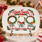 Dear Santa platter displayed on a stand on a Christmas kitchen counter