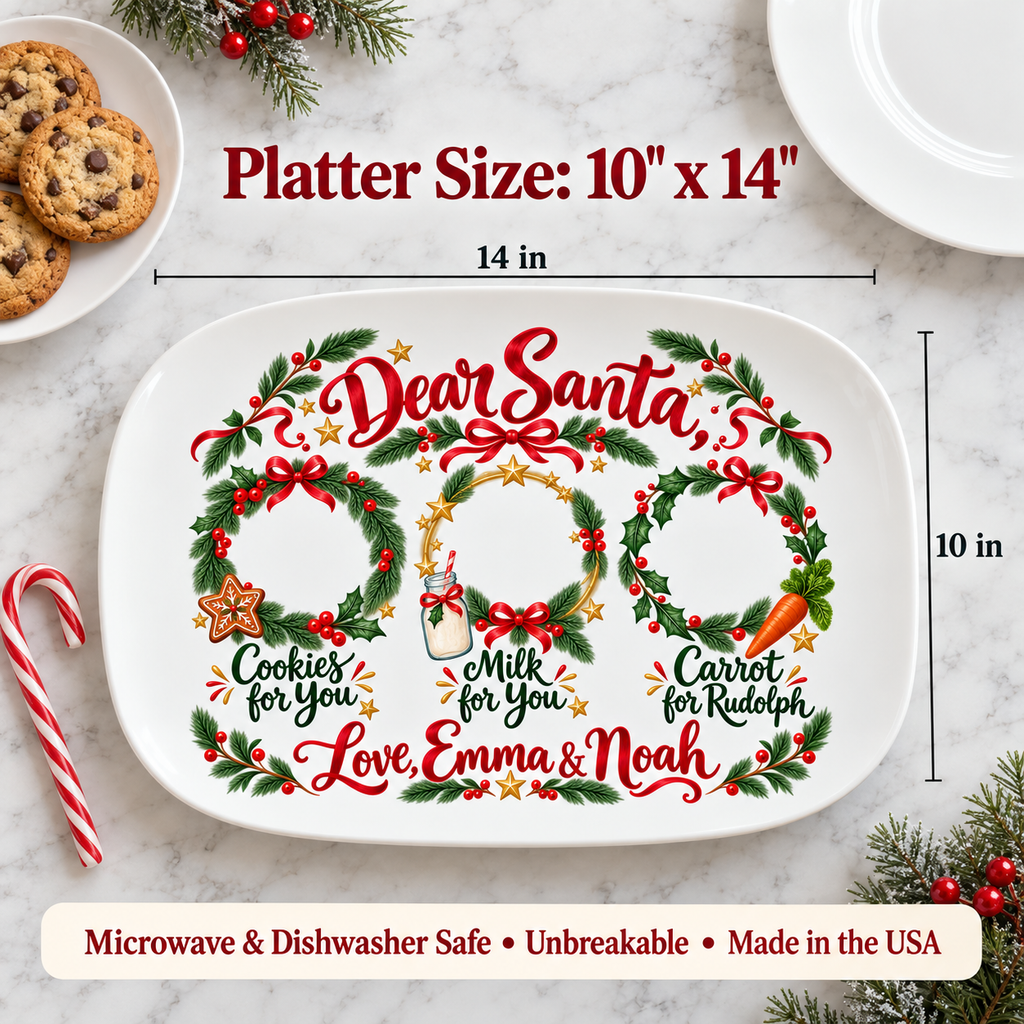 Platter size 10 x 14 inches, microwave and dishwasher safe, unbreakable, made in the USA