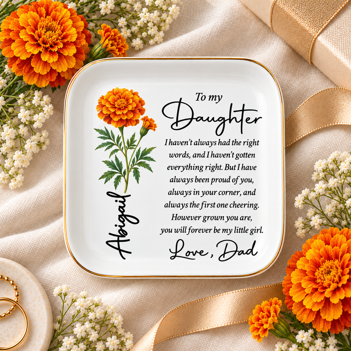 Forever My Little Girl personalized To My Daughter jewelry dish with name Abigail and marigold birth flower, gift from Dad