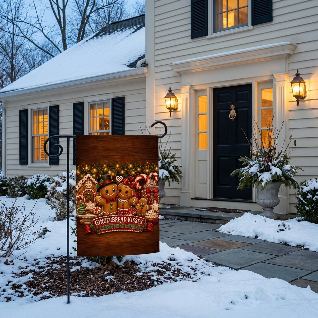 Gingerbread Kisses Christmas Wishes garden flag outside a cream colonial in snow