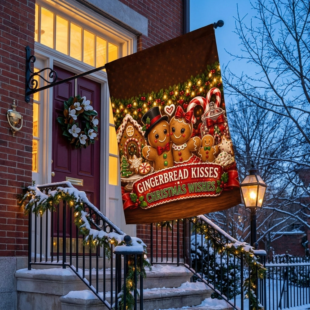 Gingerbread Kisses Christmas Wishes house flag beside a burgundy door with a magnolia wreath