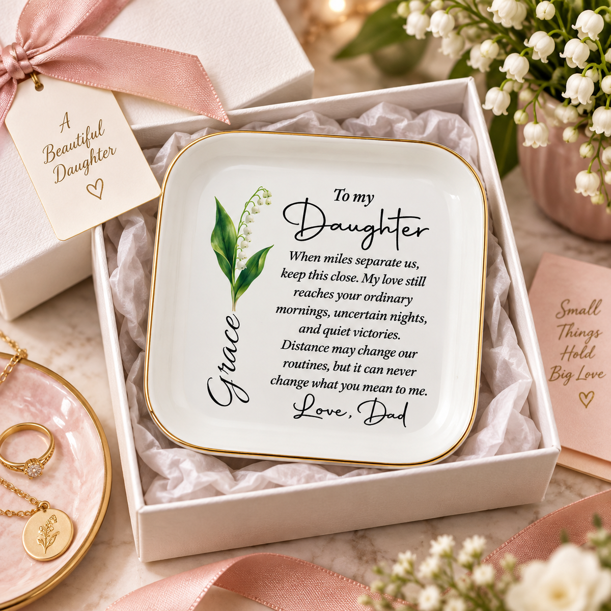 Personalized long distance daughter jewelry dish in gift box, gift from Dad