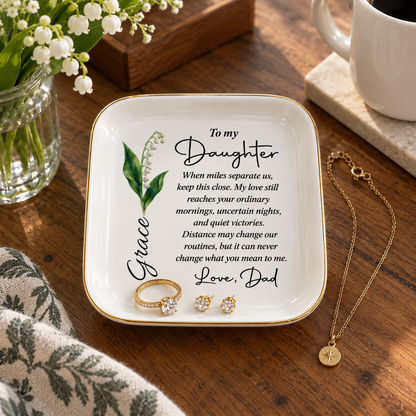 Personalized long distance daughter jewelry dish holding ring and earrings, name Grace with lily of the valley