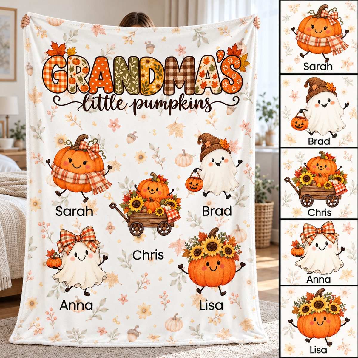 Personalized Grandma blanket with the pumpkin and ghost character choices for each grandchild