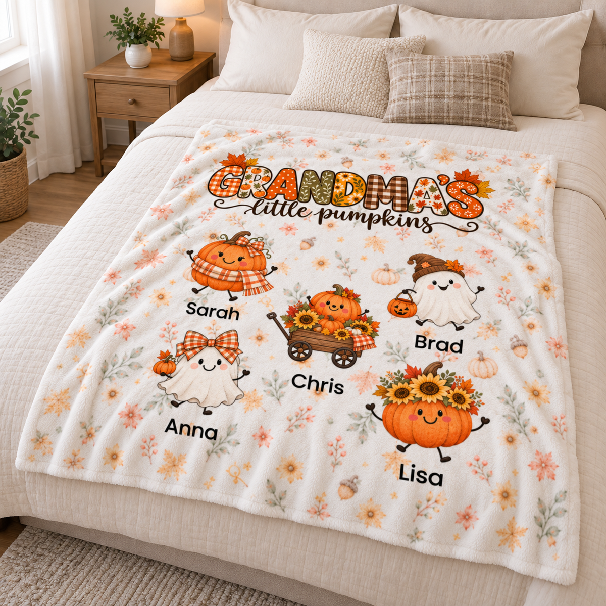 Grandma's Little Pumpkins blanket laid across a bed