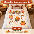 Grandma's Little Pumpkins blanket size reference: 50 x 60 inches shown on a queen bed