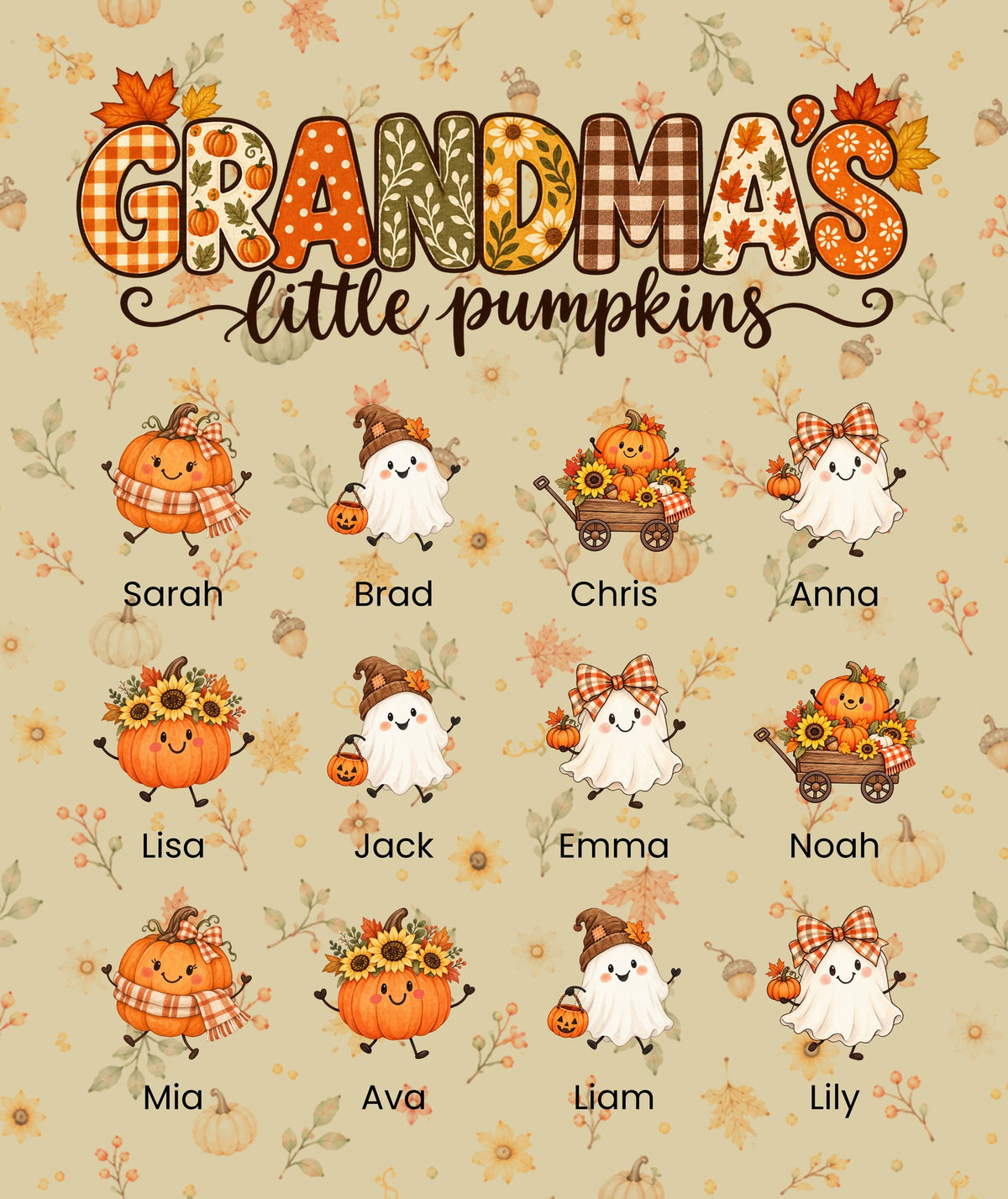 Grandma's Little Pumpkins blanket in Tan, 12 grandkids