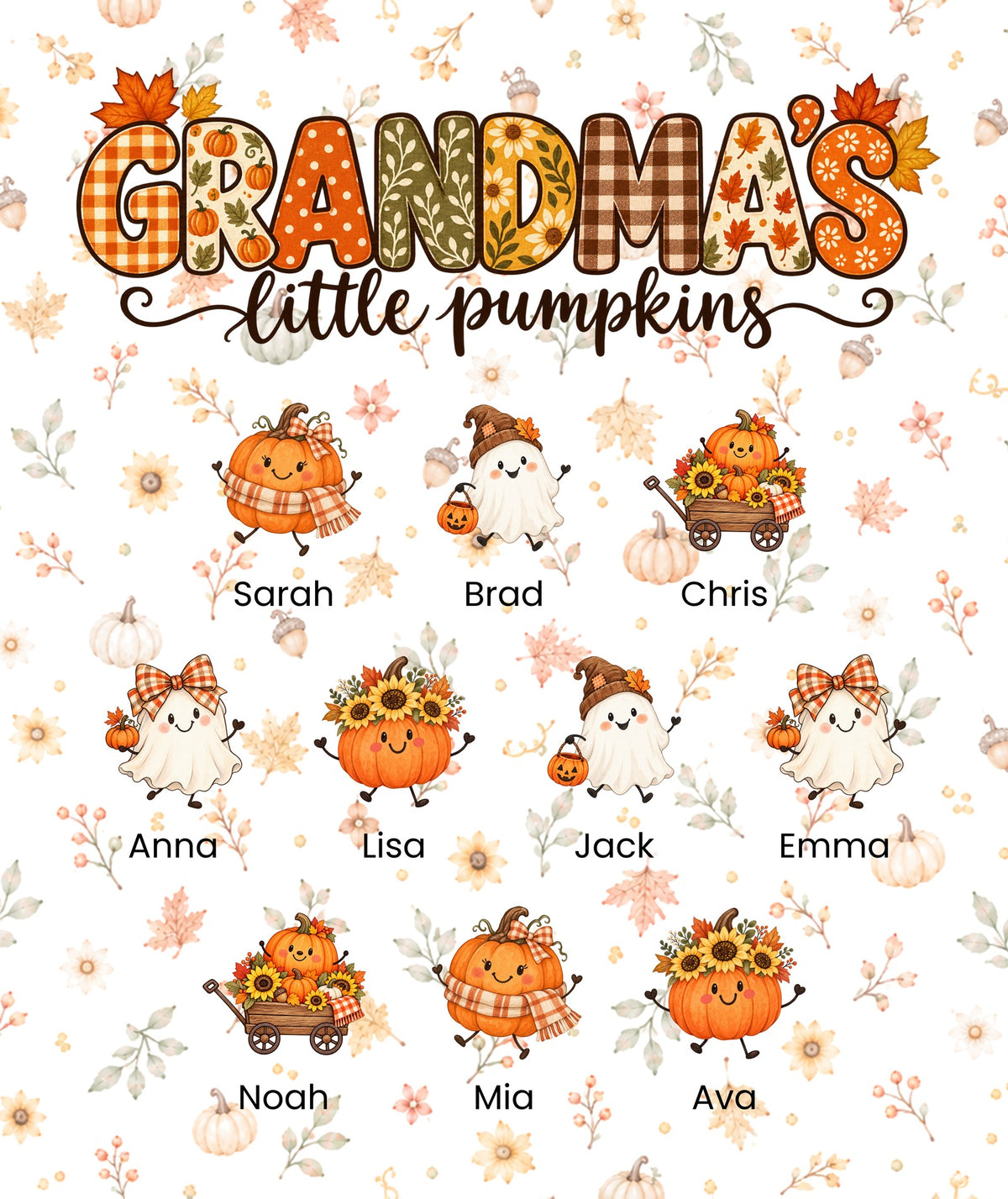 Grandma's Little Pumpkins blanket in White, 10 grandkids