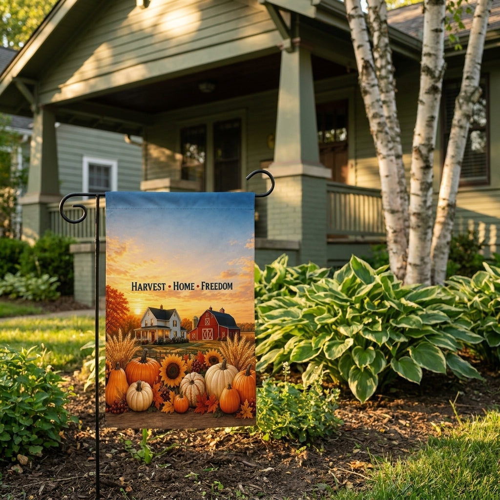 Harvest Home Freedom garden flag on a stand outside a sage green bungalow