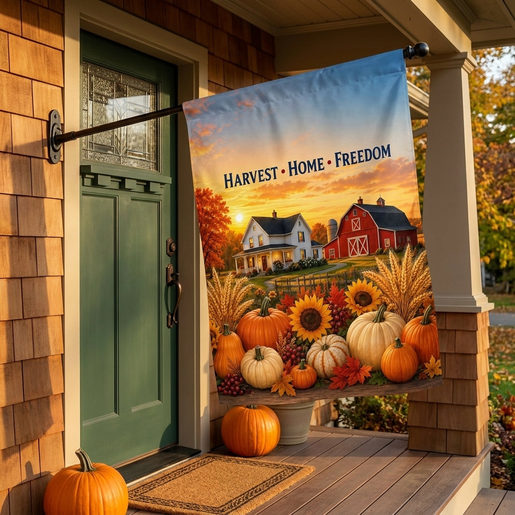 Harvest Home Freedom house flag on a bracket beside a forest green craftsman door