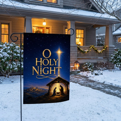 O Holy Night nativity garden flag outside a grey craftsman porch with garland