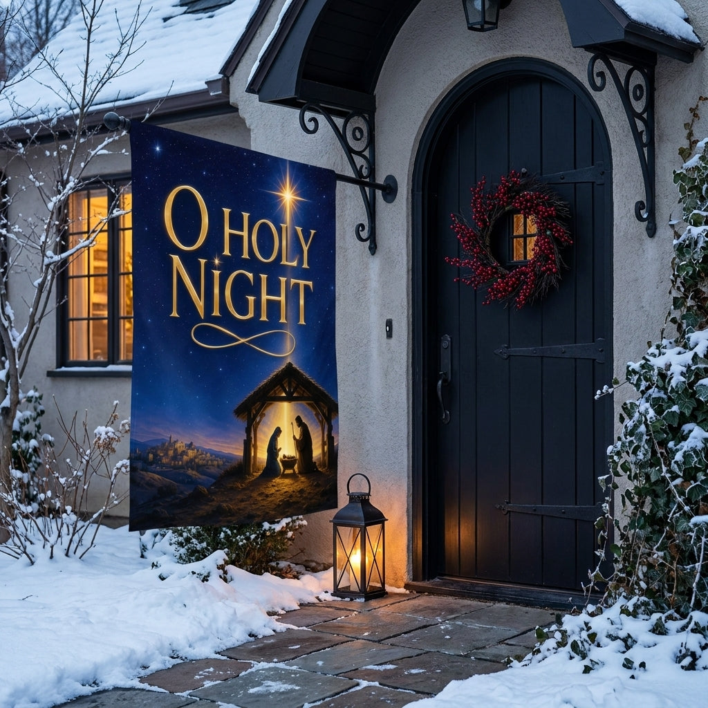 O Holy Night nativity house flag beside a black arched Tudor door with a berry wreath