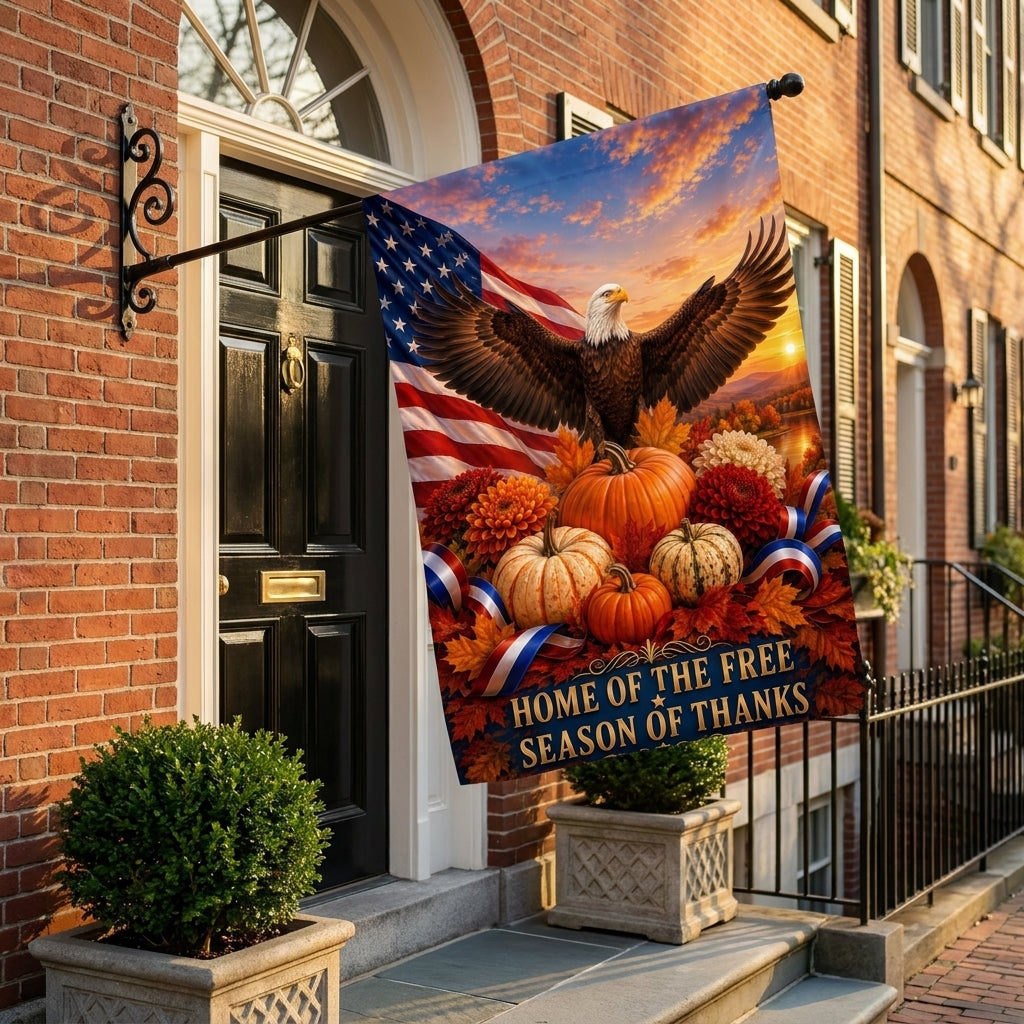 Home of the Free Season of Thanks house flag beside a black brick townhouse door