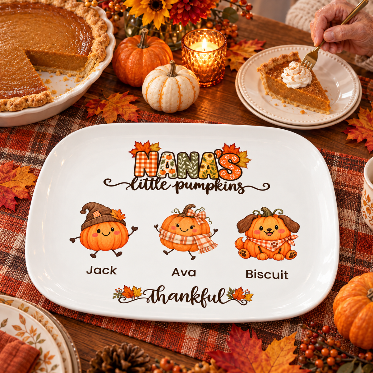 Nana's Little Pumpkins platter on a Thanksgiving table next to a pumpkin pie