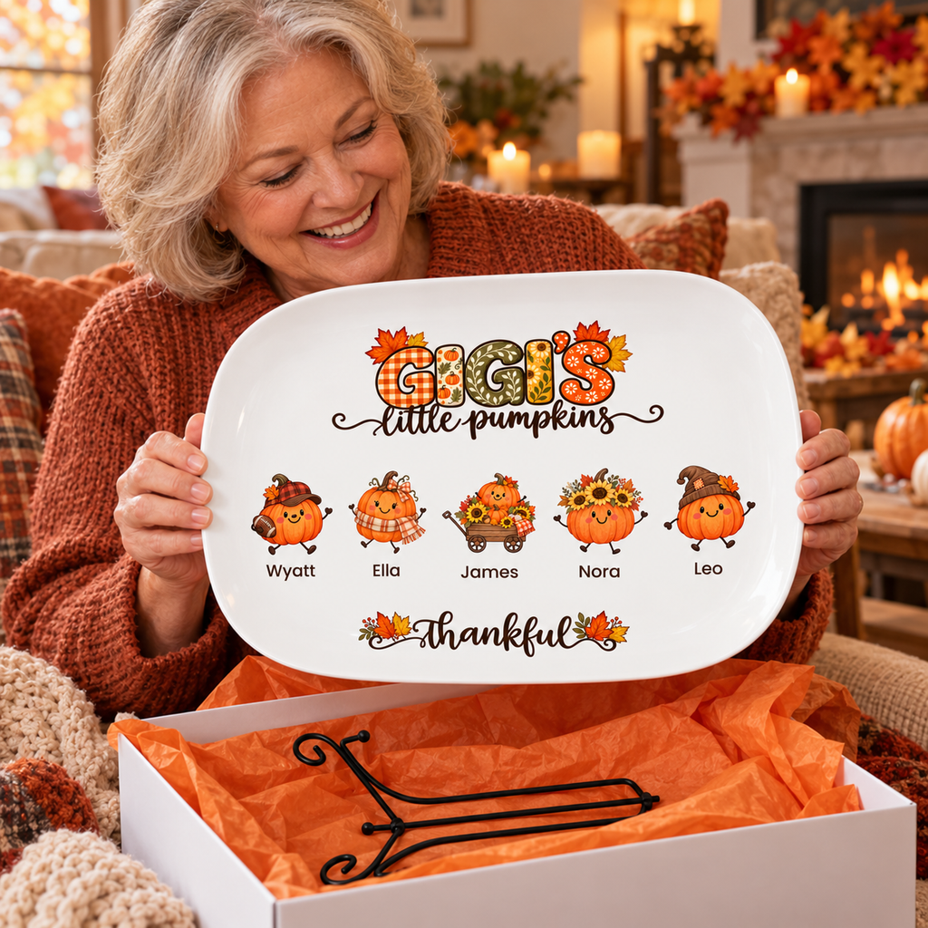 Grandmother unboxing her Gigi's Little Pumpkins platter with display stand in a gift box