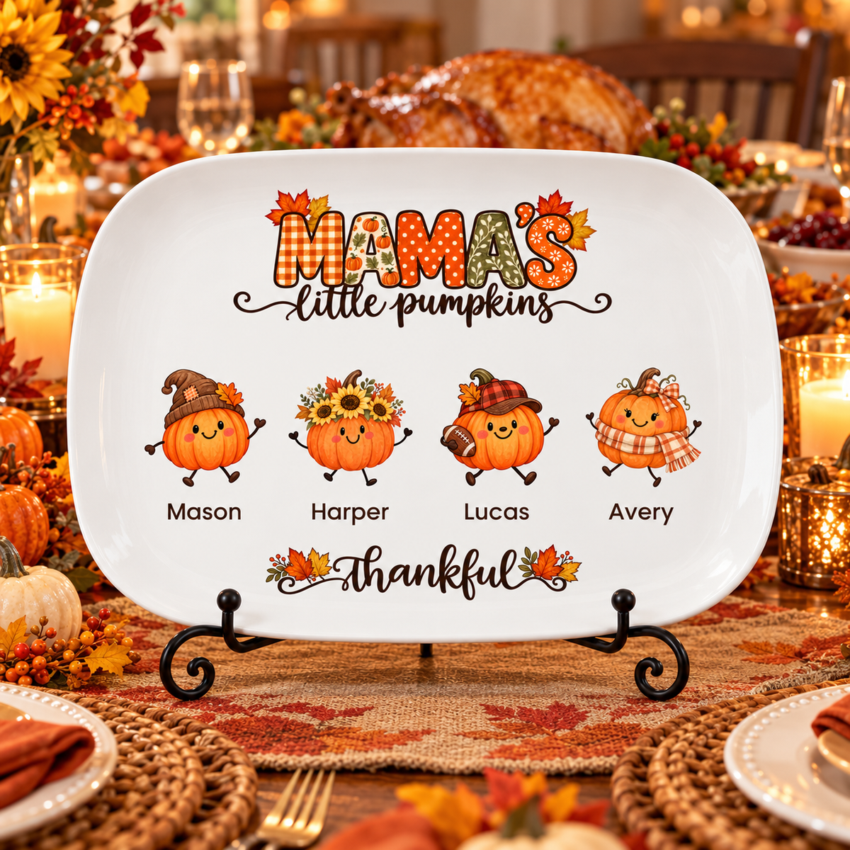 Mama's Little Pumpkins platter on its stand as a Thanksgiving dinner centerpiece
