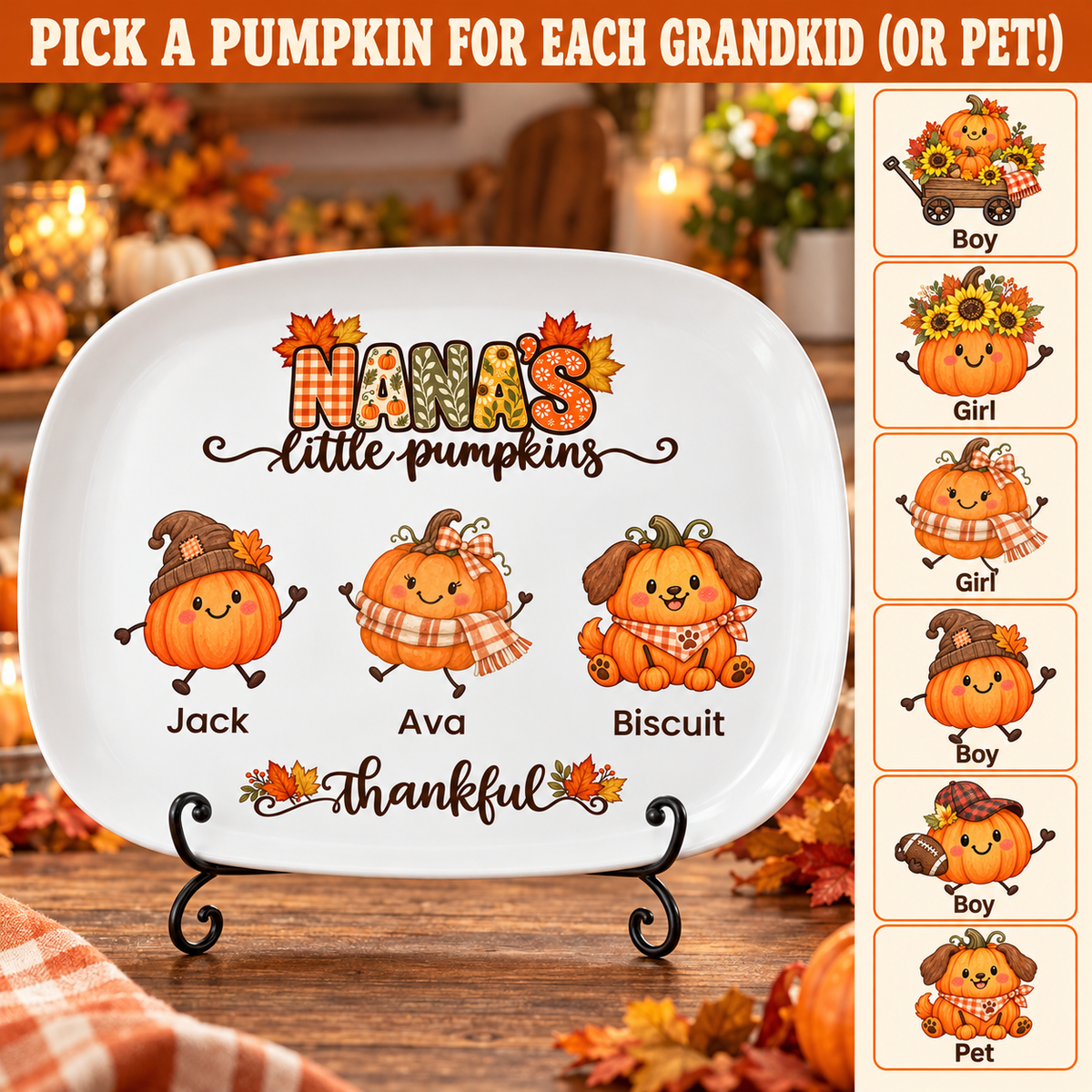 Pick a pumpkin for each grandkid or pet: wagon, sunflower, scarf, hat, football or puppy