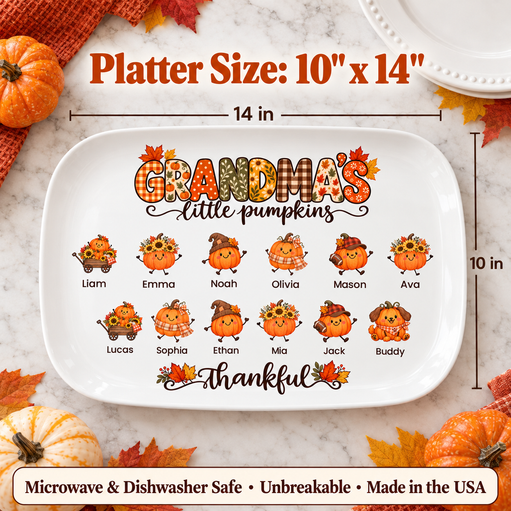 Platter size 10 x 14 inches with 12 grandkids' names, microwave and dishwasher safe, unbreakable, made in the USA