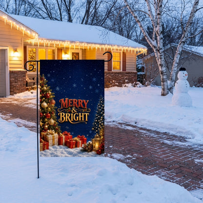 Merry and Bright garden flag outside a brick ranch with icicle lights and a snowman