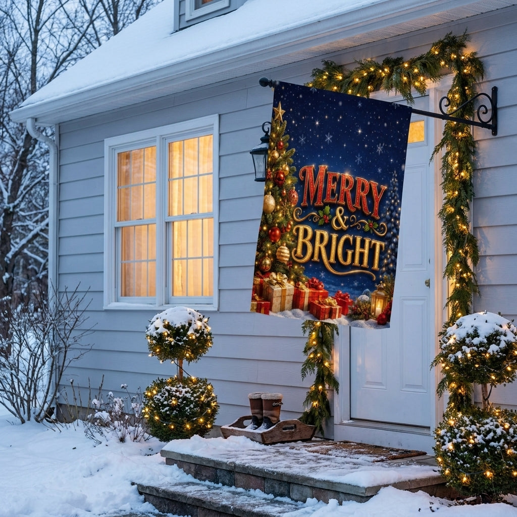 Merry and Bright house flag beside a white door framed by a lit cedar garland