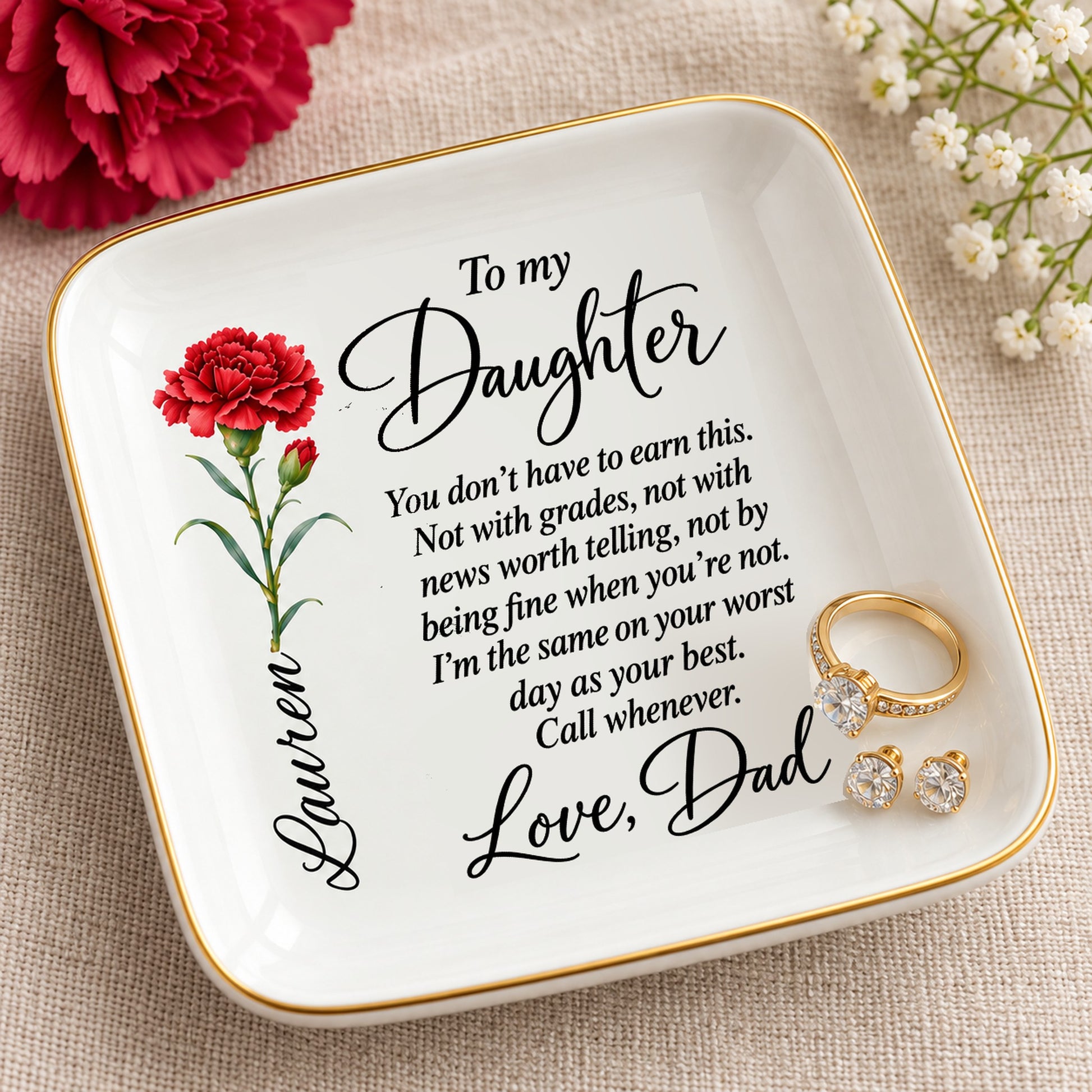 Ring resting in the personalized keepsake jewelry dish